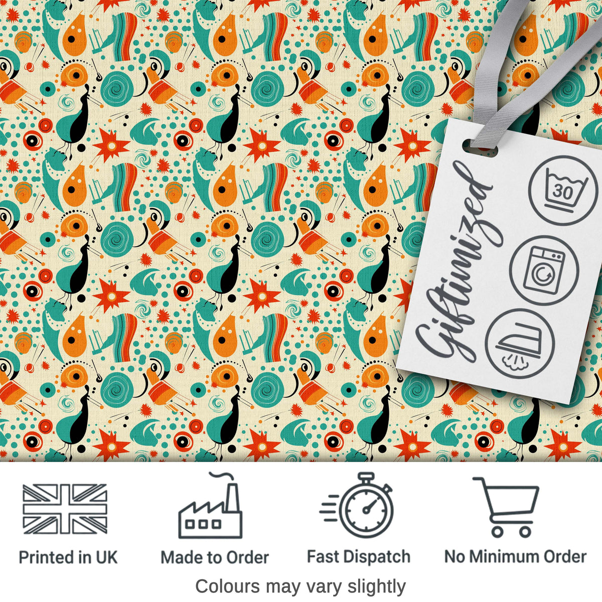 Whimsical Abstract Birds and Shapes Teal Orange Mid Century Style Digital Print Fabric by the Metre UK Sewing Quilting Textile