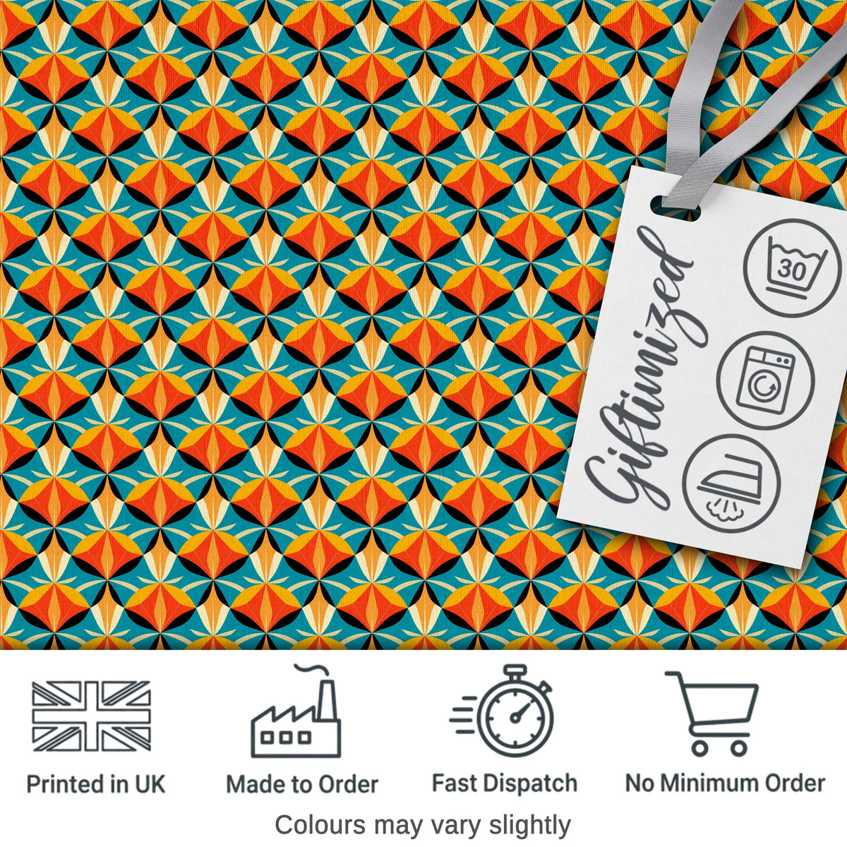 Geometric Fan Pattern Teal Orange Symmetrical Seamless Design Digital Print Fabric by the Metre UK Sewing Quilting Textile