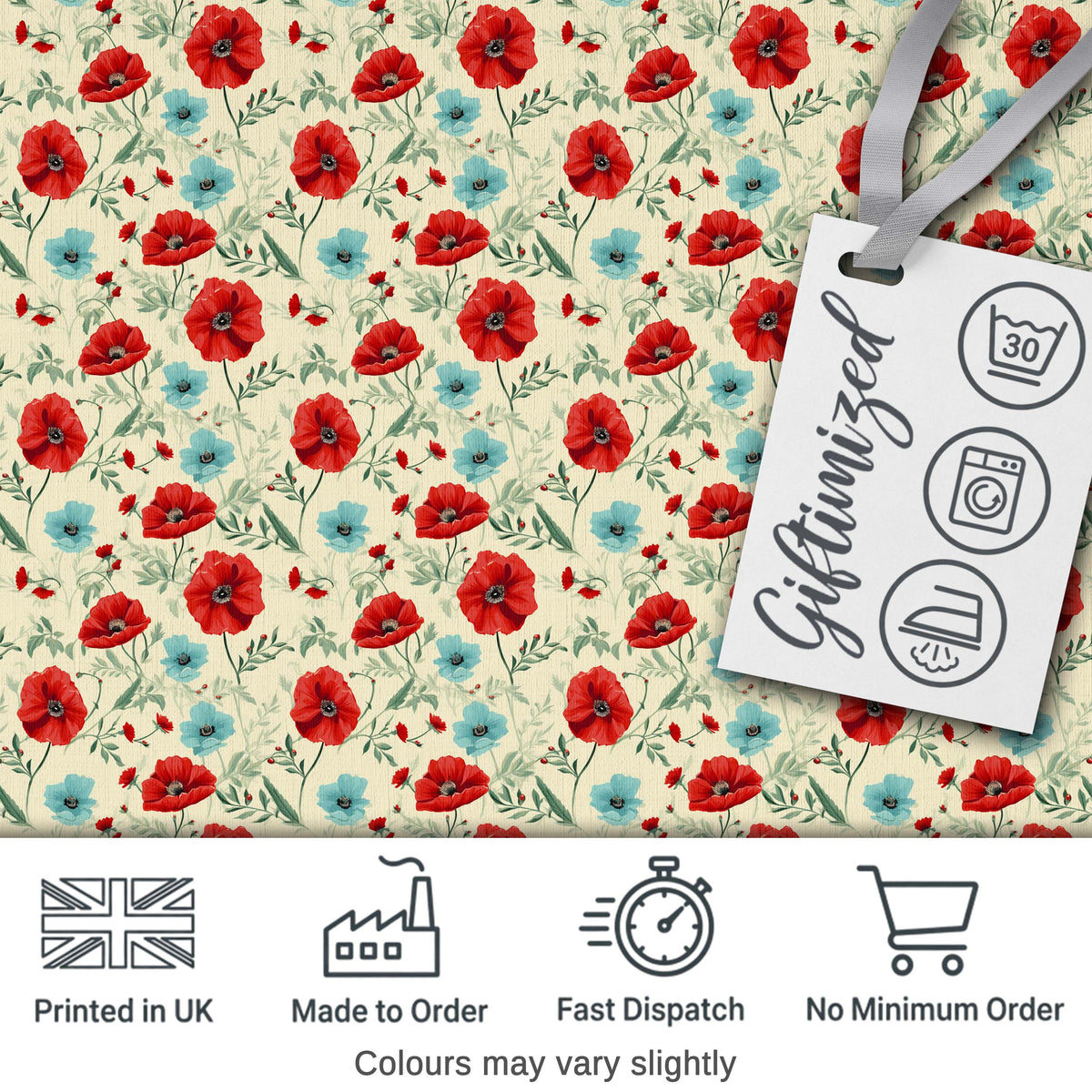Wildflower Poppy Pattern Red and Blue Botanical Seamless Vintage Style Digital Print Fabric by the Metre UK Sewing Quilting Textile
