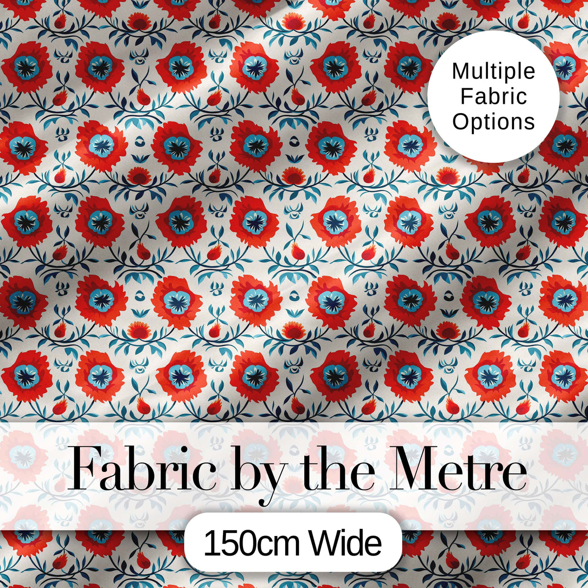 Folk Art Floral Pattern Red Flowers Scandinavian Style Seamless Design Digital Print Fabric by the Metre UK Sewing Quilting Textile