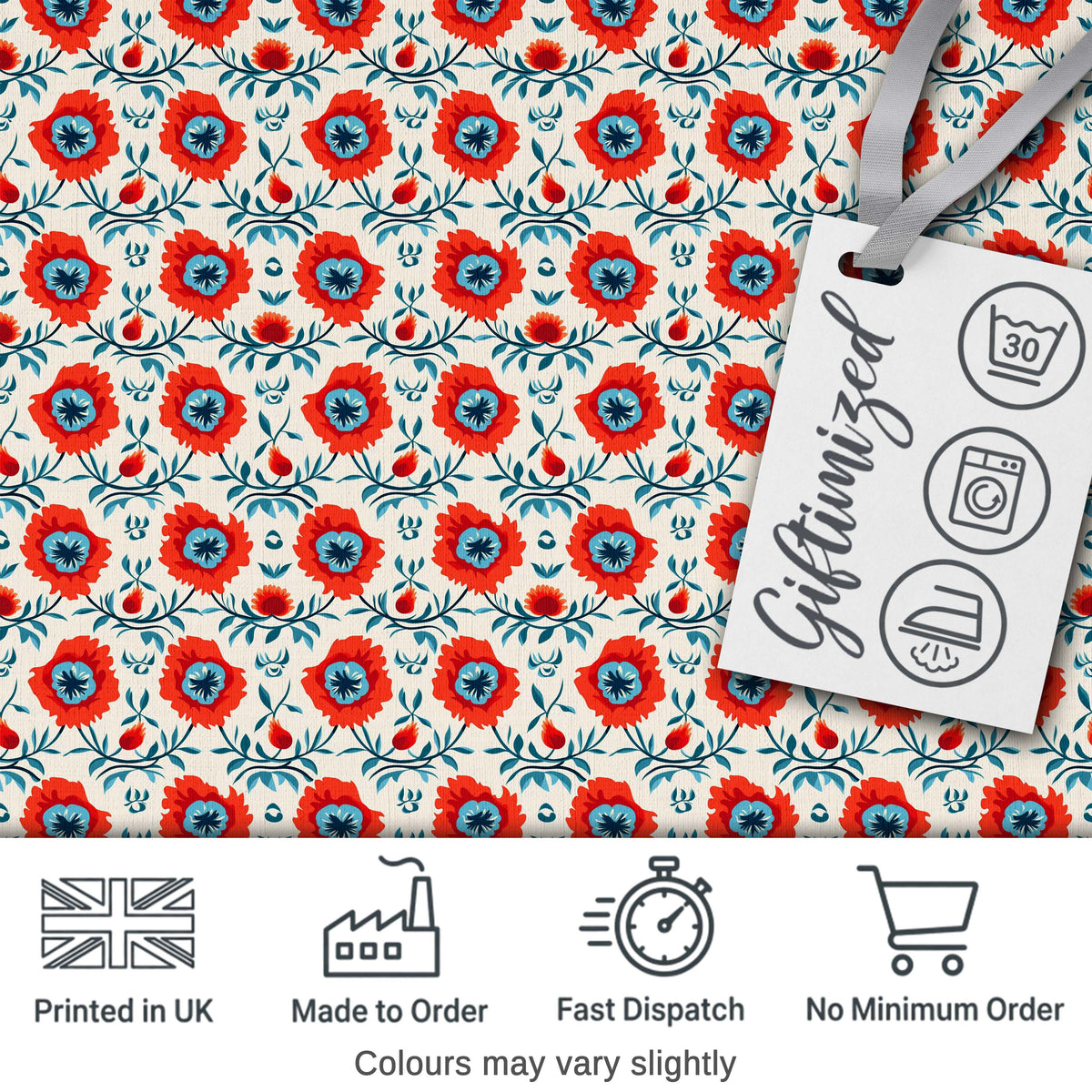 Folk Art Floral Pattern Red Flowers Scandinavian Style Seamless Design Digital Print Fabric by the Metre UK Sewing Quilting Textile