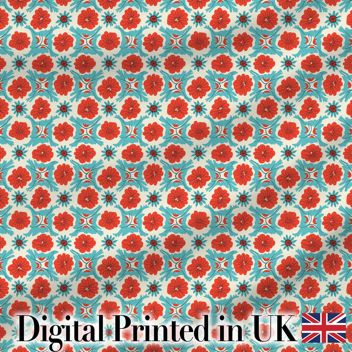 Floral Tile Pattern Red and Blue Geometric Botanical Seamless Design Digital Print Fabric by the Metre UK Sewing Quilting Textile
