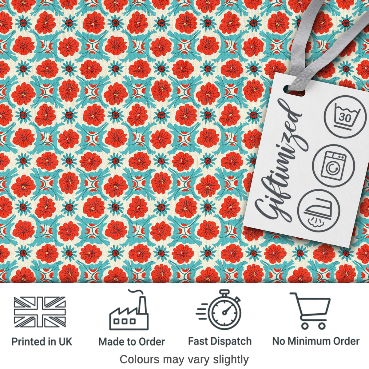 Floral Tile Pattern Red and Blue Geometric Botanical Seamless Design Digital Print Fabric by the Metre UK Sewing Quilting Textile