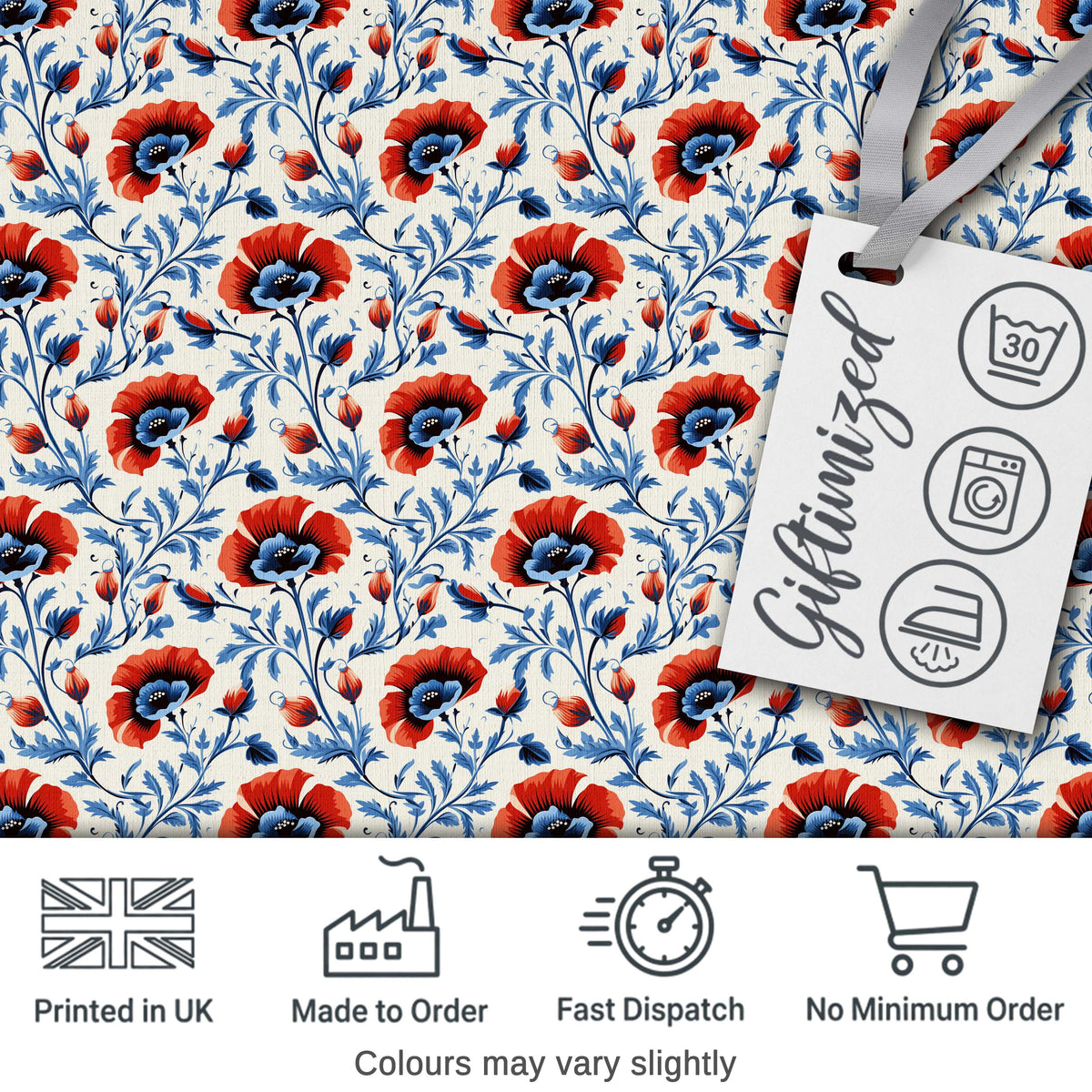 Red and Blue Poppy Floral Pattern Elegant Botanical Seamless Design Digital Print Fabric by the Metre UK Sewing Quilting Textile