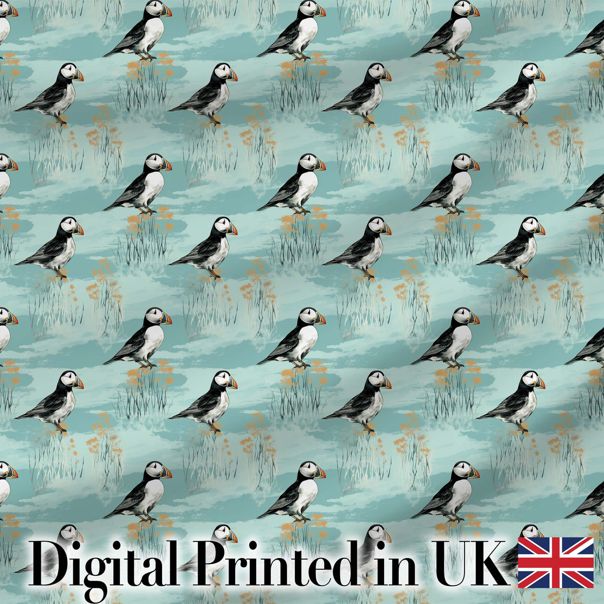Watercolor Puffin Meadow Pattern Soft Wildflower Landscape Seamless Design Digital Print Fabric by the Metre UK Sewing Quilting Textile