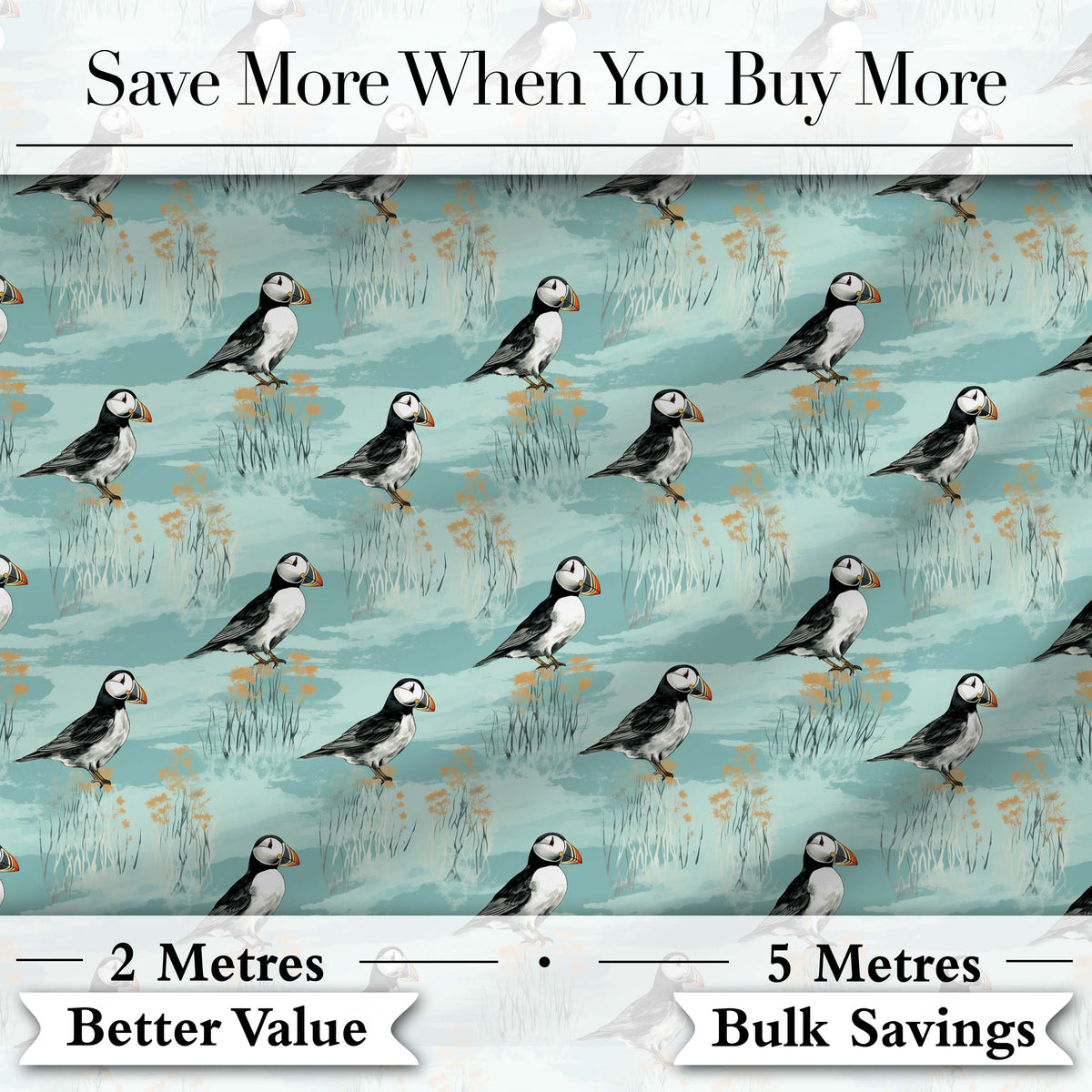 Watercolor Puffin Meadow Pattern Soft Wildflower Landscape Seamless Design Digital Print Fabric by the Metre UK Sewing Quilting Textile