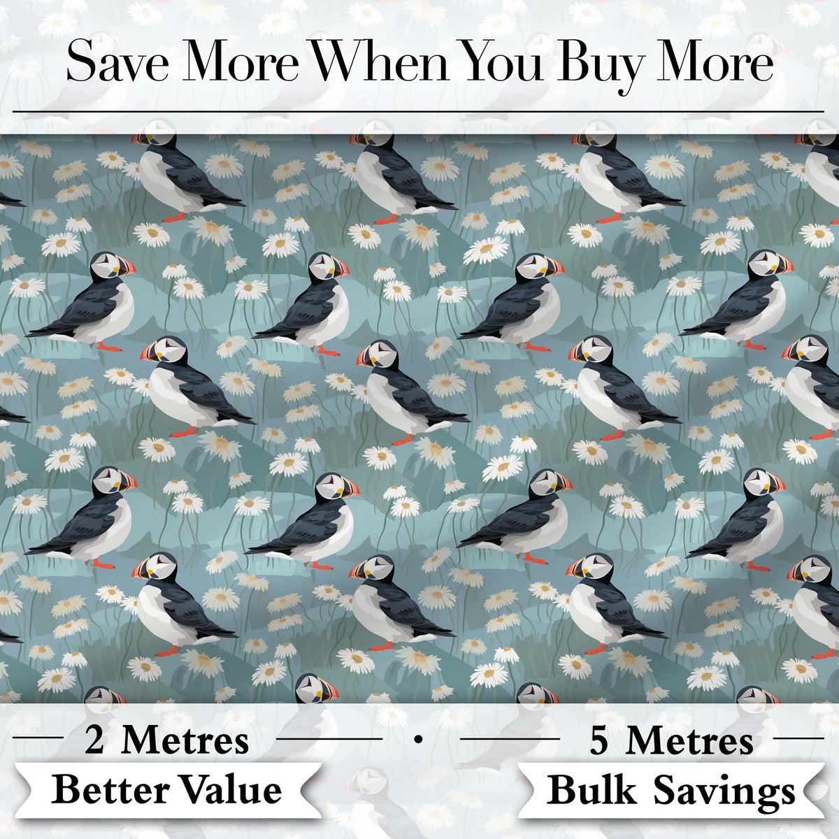 Puffin and Daisy Field Pattern Soft Blue Nature Seamless Design Digital Print Fabric by the Metre UK Sewing Quilting Textile