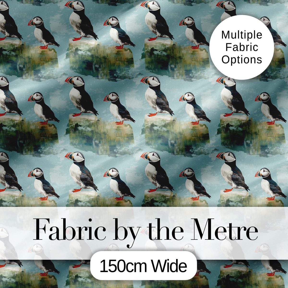 Puffin Bird Pattern Coastal Wildlife Rock Scene Seamless Design Digital Print Fabric by the Metre UK Sewing Quilting Textile
