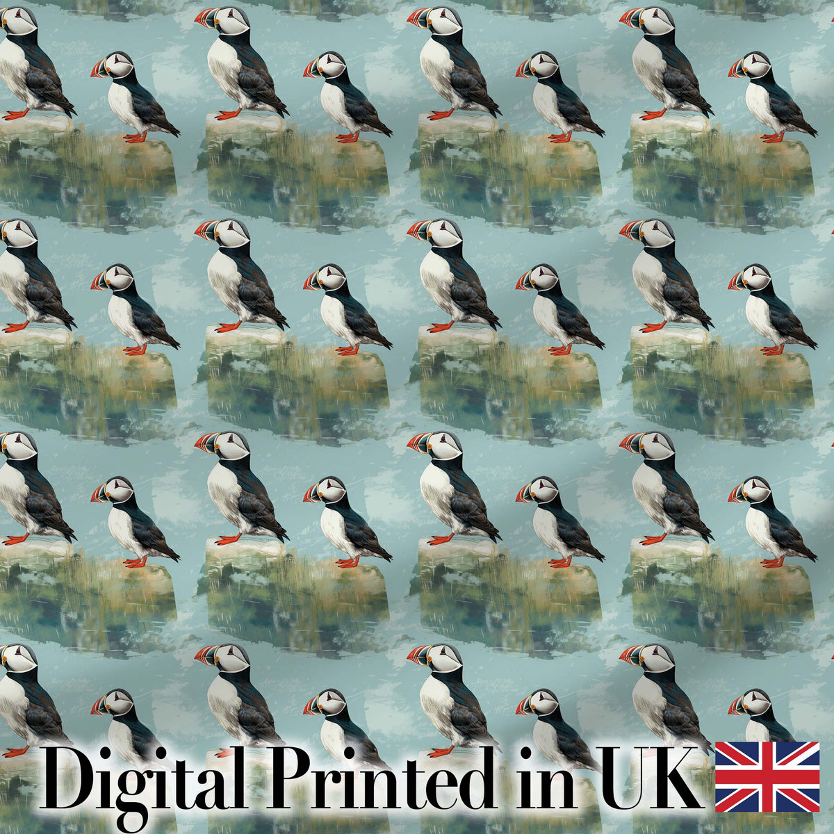 Puffin Bird Pattern Coastal Wildlife Rock Scene Seamless Design Digital Print Fabric by the Metre UK Sewing Quilting Textile