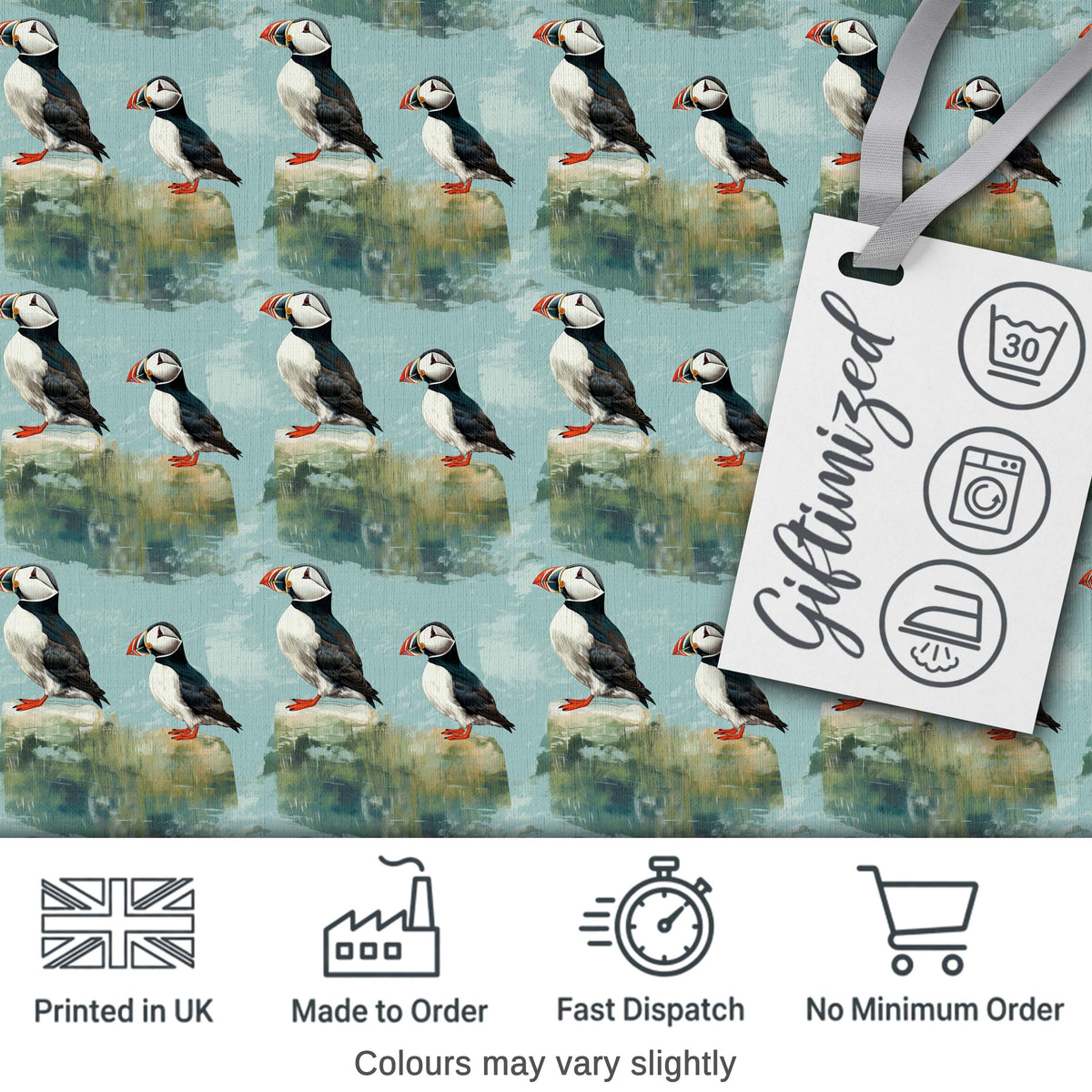 Puffin Bird Pattern Coastal Wildlife Rock Scene Seamless Design Digital Print Fabric by the Metre UK Sewing Quilting Textile