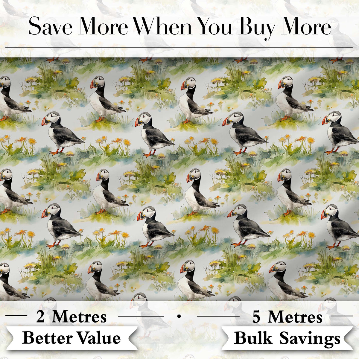 Watercolor Puffin Birds in Floral Meadow Garden Seamless Pattern Digital Print Fabric by the Metre UK Sewing Quilting Textile