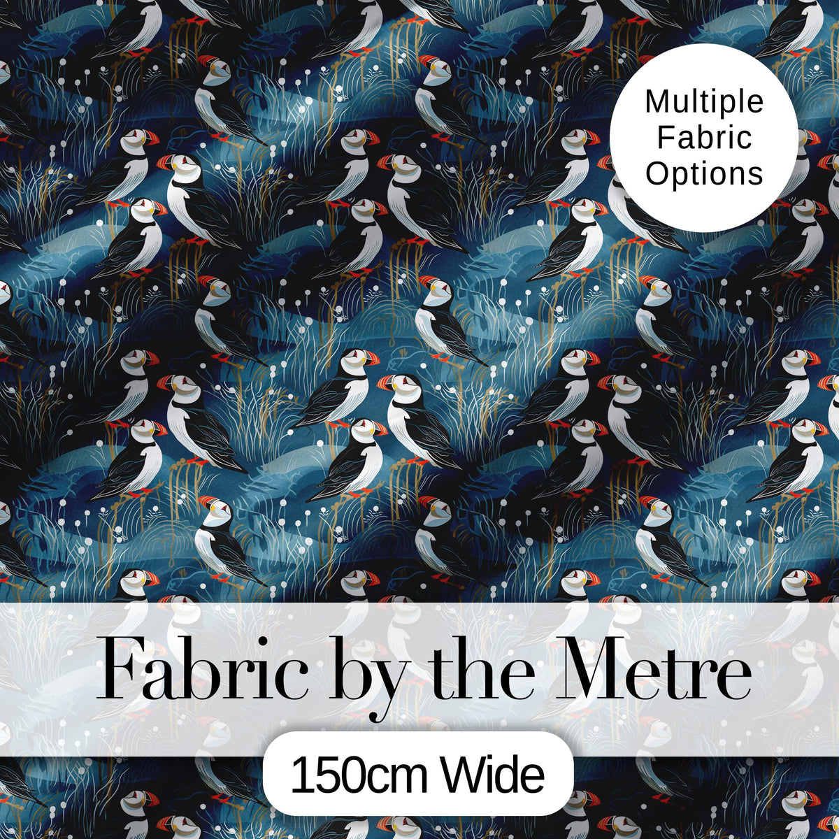 Decorative Puffin Birds with Abstract Ocean Plants Seamless Pattern Digital Print Fabric by the Metre UK Sewing Quilting Textile