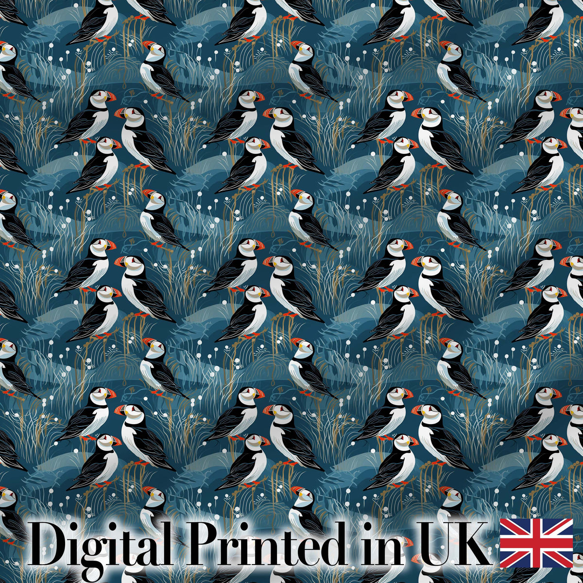Decorative Puffin Birds with Abstract Ocean Plants Seamless Pattern Digital Print Fabric by the Metre UK Sewing Quilting Textile