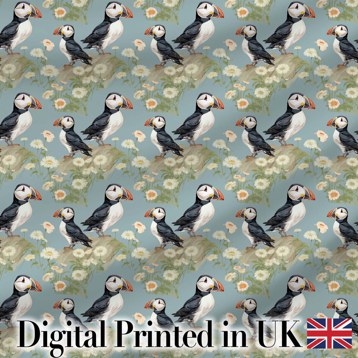 Puffin Birds Perched on Cliff with Floral Details Seamless Pattern Digital Print Fabric by the Metre UK Sewing Quilting Textile