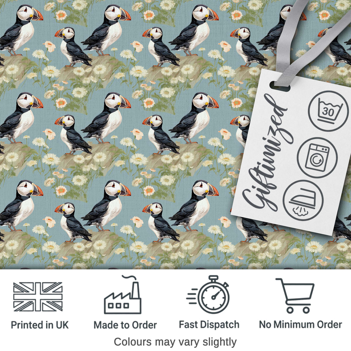Puffin Birds Perched on Cliff with Floral Details Seamless Pattern Digital Print Fabric by the Metre UK Sewing Quilting Textile