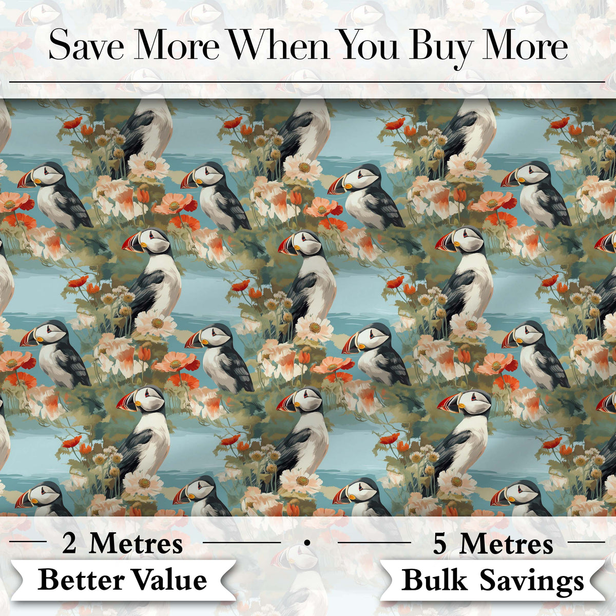Vintage Style Puffin Birds with Floral Garden Seamless Pattern Digital Print Fabric by the Metre UK Sewing Quilting Textile