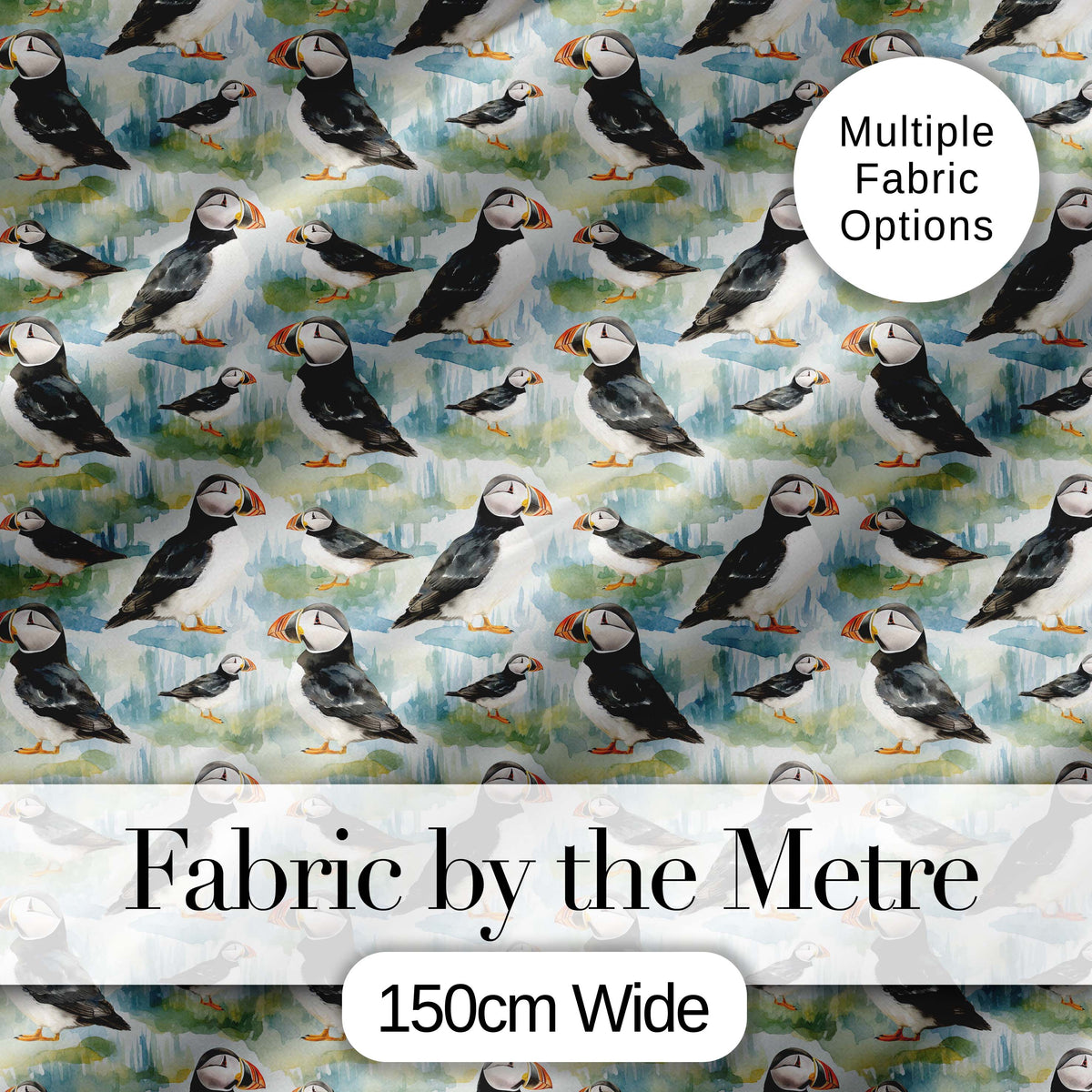 Cute Puffin Birds Watercolor Seamless Pattern Coastal Nature Wildlife Design Digital Print Fabric by the Metre UK Sewing Quilting Textile