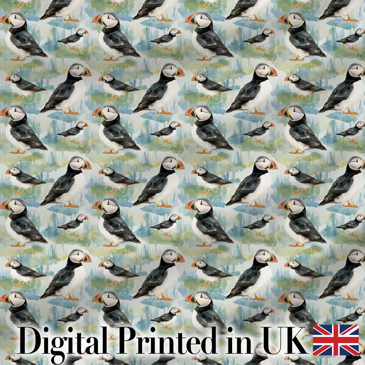 Cute Puffin Birds Watercolor Seamless Pattern Coastal Nature Wildlife Design Digital Print Fabric by the Metre UK Sewing Quilting Textile
