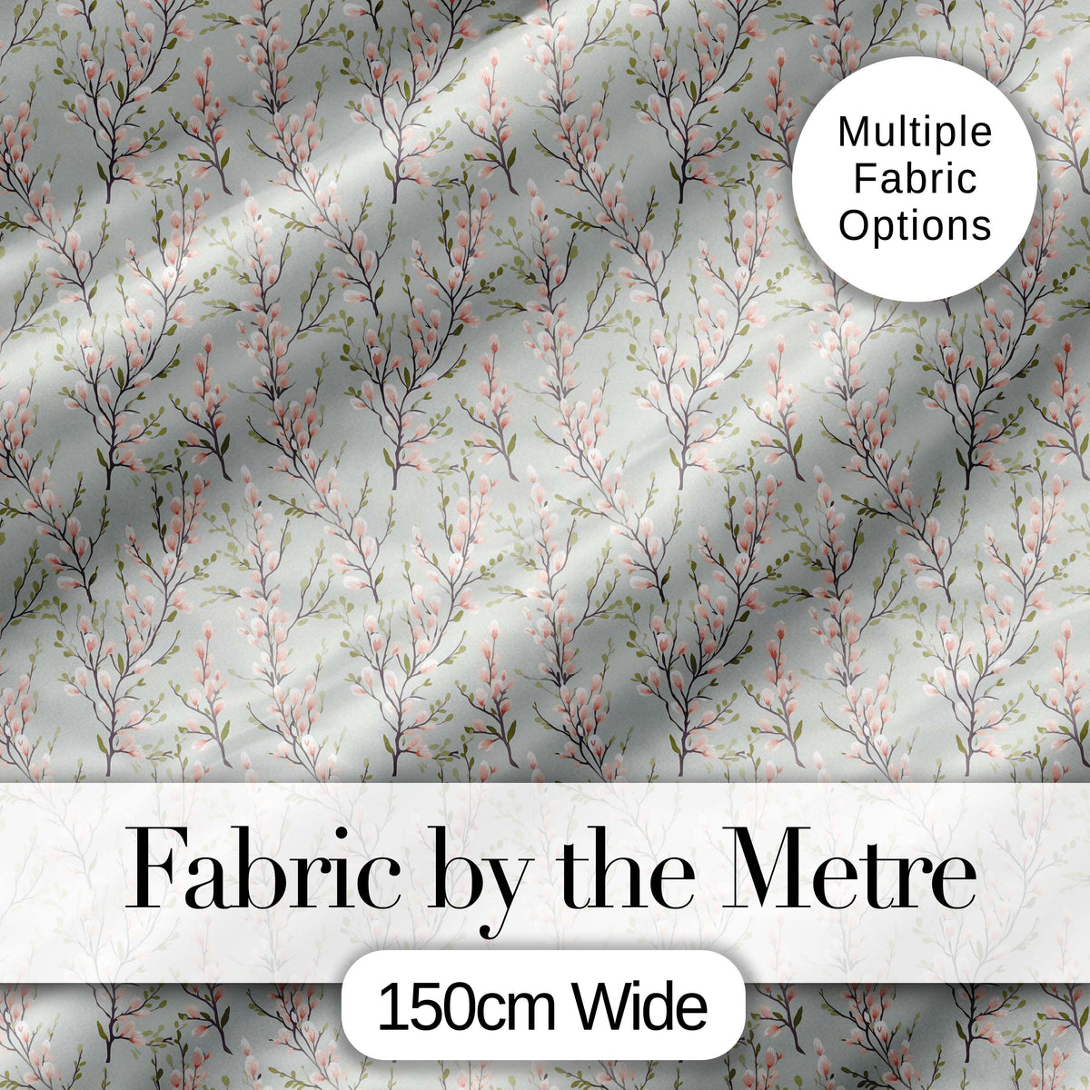 Delicate Pink Blossom Branches Seamless Floral Pattern Soft Sage Background Digital Print Fabric by the Metre UK Sewing Quilting Textile