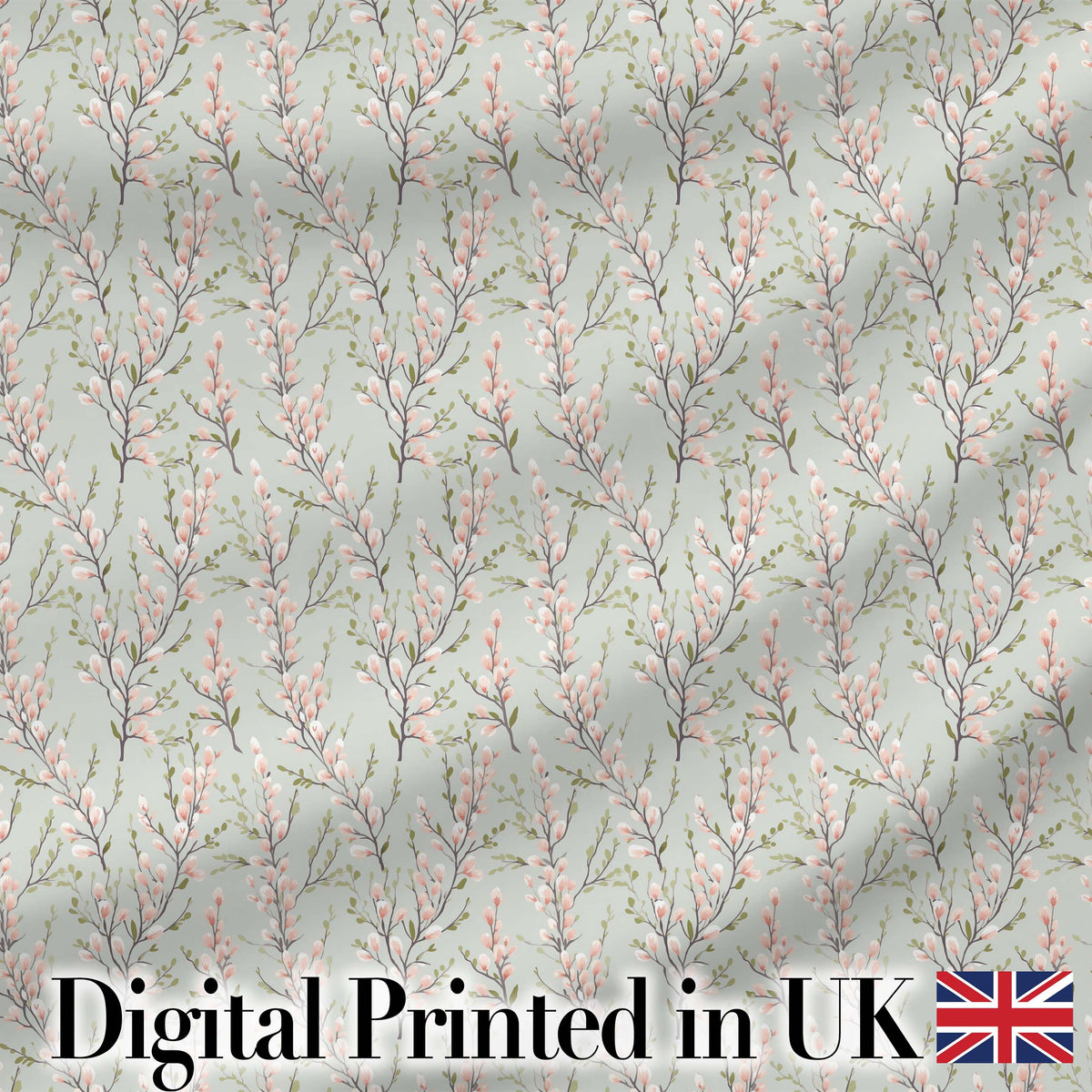 Delicate Pink Blossom Branches Seamless Floral Pattern Soft Sage Background Digital Print Fabric by the Metre UK Sewing Quilting Textile
