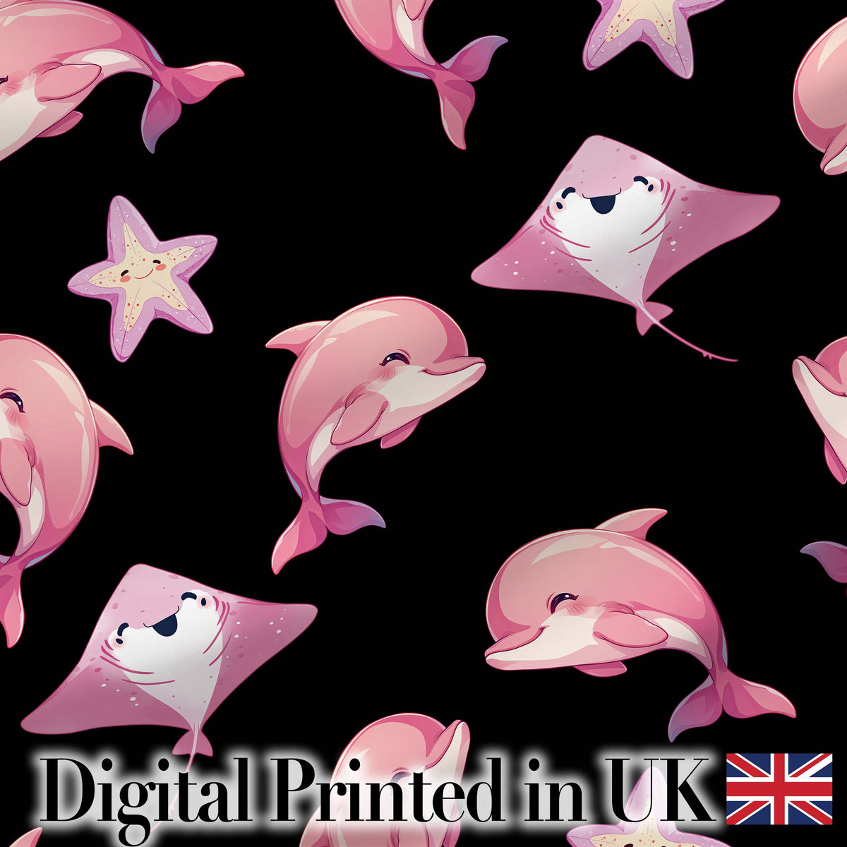 Cute Pink Dolphins and Starfish Seamless Ocean Pattern Black Background Digital Print Fabric by the Metre UK Sewing Quilting Textile