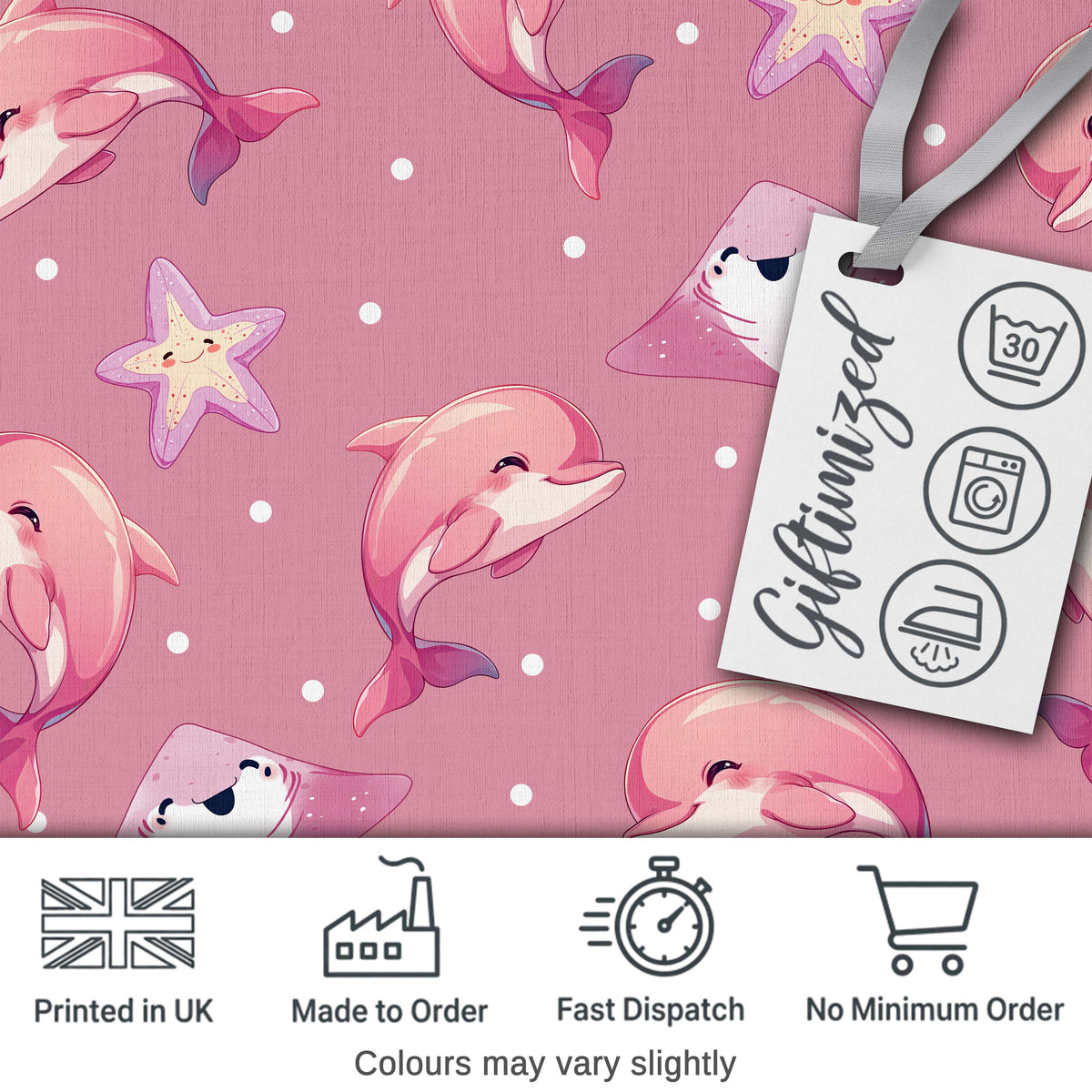 Cute Pink Dolphins and Starfish Seamless Ocean Pink Polka Dot Background Digital Print Fabric by the Metre UK Sewing Quilting Textile