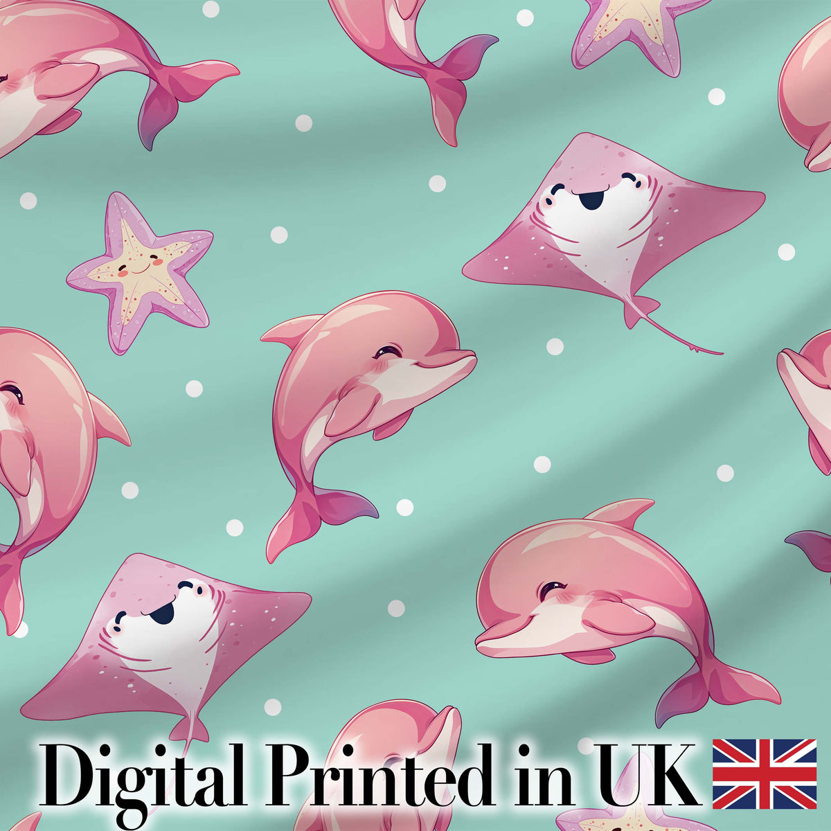 Cute Pink Dolphins and Starfish Ocean Mint Green Polka Dot Background Digital Print Fabric by the Metre UK Sewing Quilting Textile