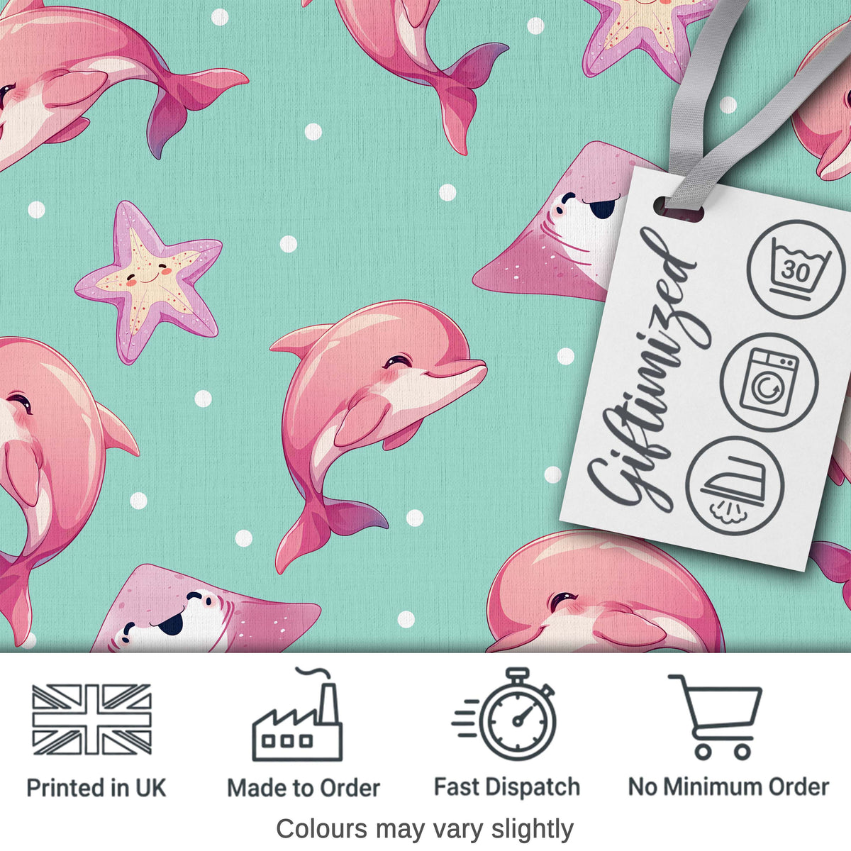 Cute Pink Dolphins and Starfish Ocean Mint Green Polka Dot Background Digital Print Fabric by the Metre UK Sewing Quilting Textile
