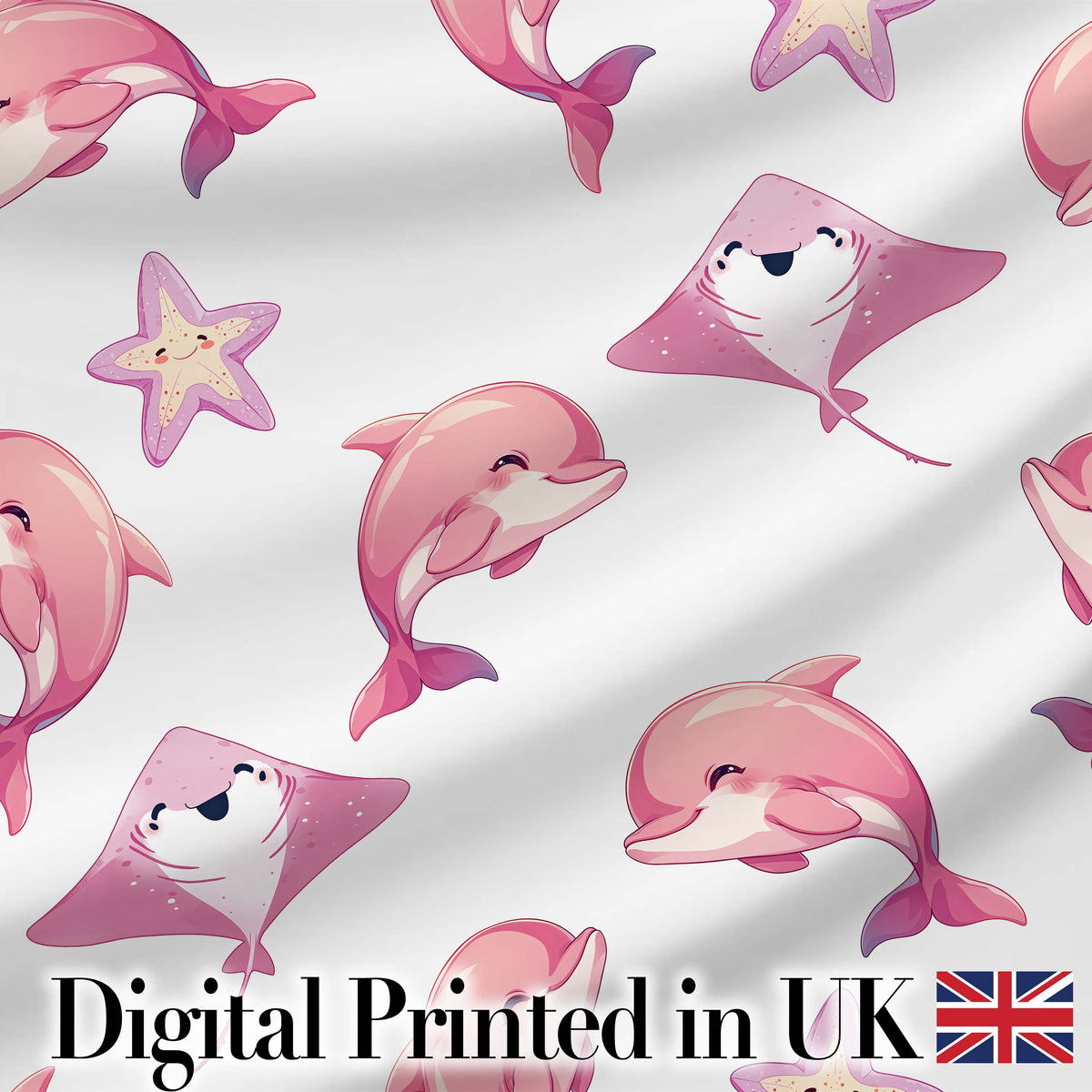 Cute Pink Dolphins and Starfish Seamless Ocean Pattern Light Grey Background Digital Print Fabric by the Metre UK Sewing Quilting Textile