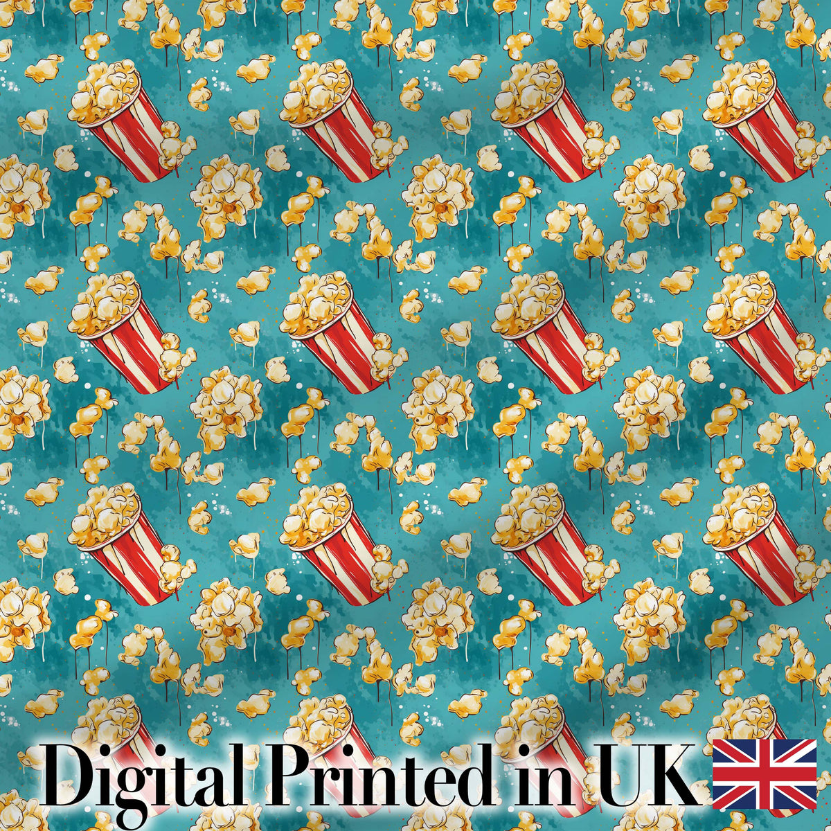 Popcorn Buckets and Kernels Fun Snack Seamless Pattern Teal Background Digital Print Fabric by the Metre UK Sewing Quilting Textile