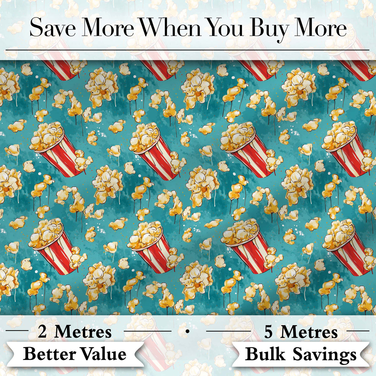 Popcorn Buckets and Kernels Fun Snack Seamless Pattern Teal Background Digital Print Fabric by the Metre UK Sewing Quilting Textile