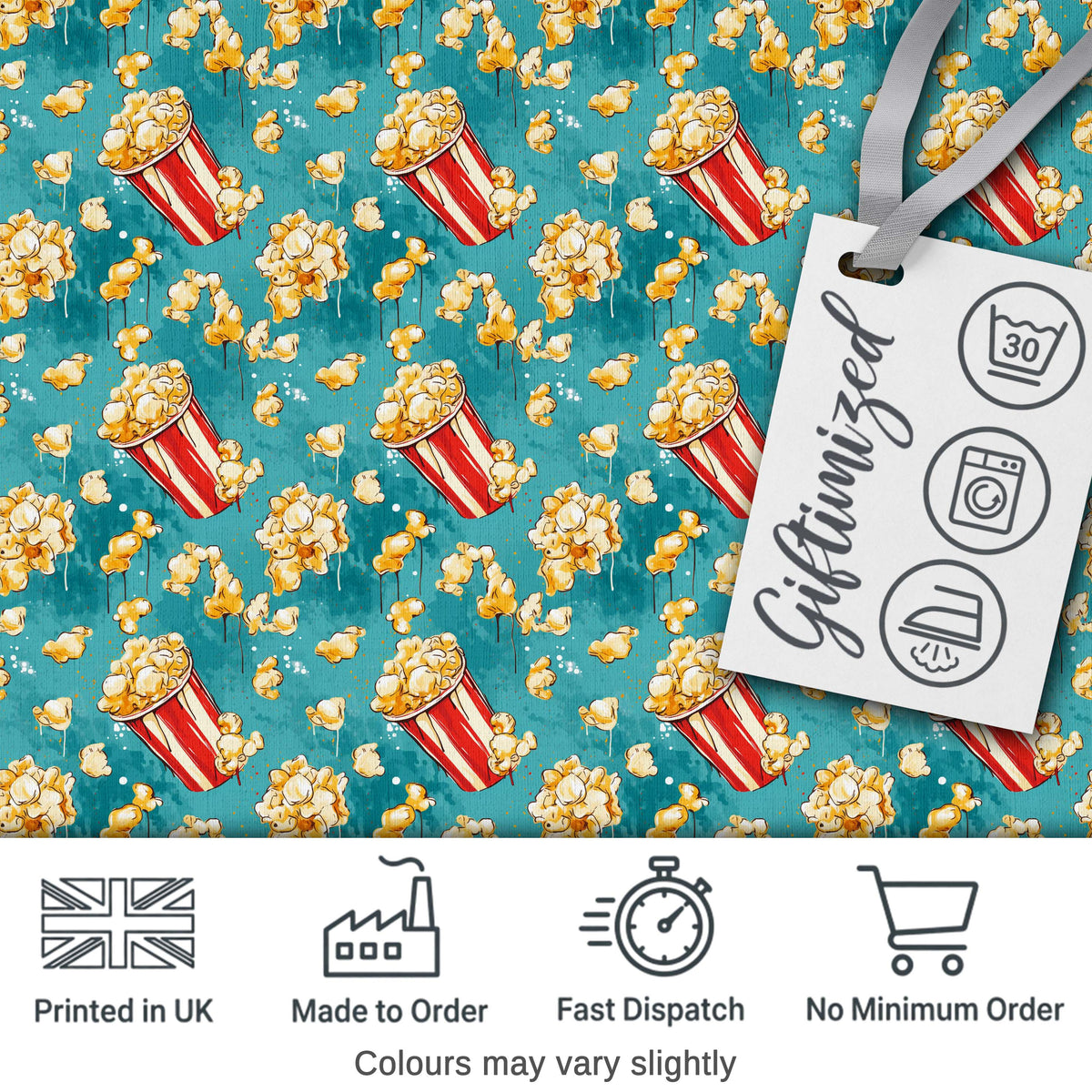 Popcorn Buckets and Kernels Fun Snack Seamless Pattern Teal Background Digital Print Fabric by the Metre UK Sewing Quilting Textile