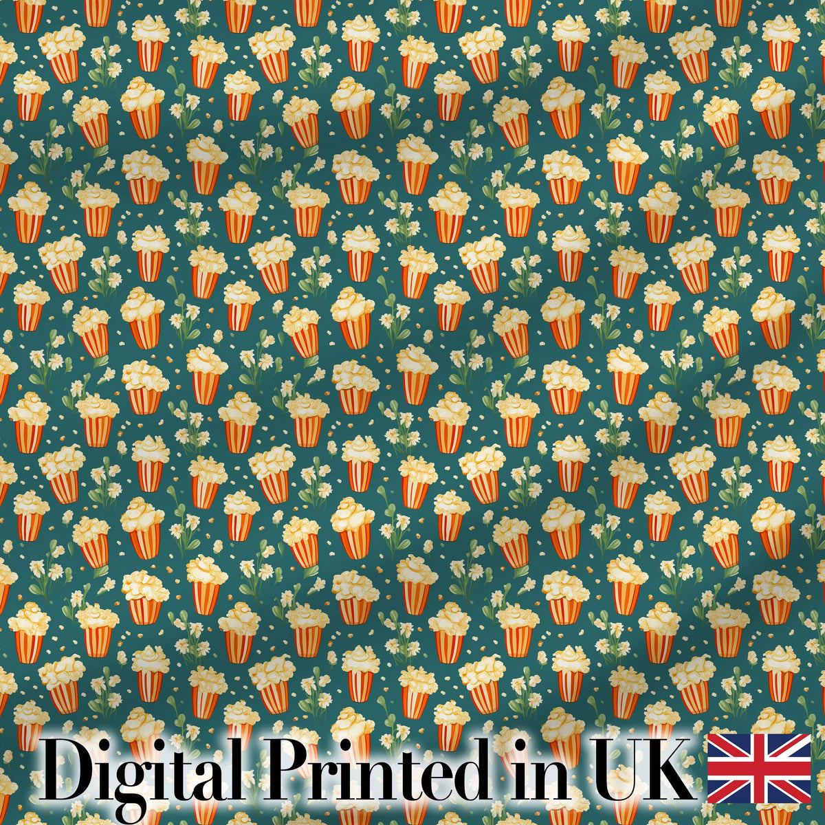 Popcorn Buckets and Flowers Cute Seamless Pattern Dark Teal Background Digital Print Fabric by the Metre UK Sewing Quilting Textile