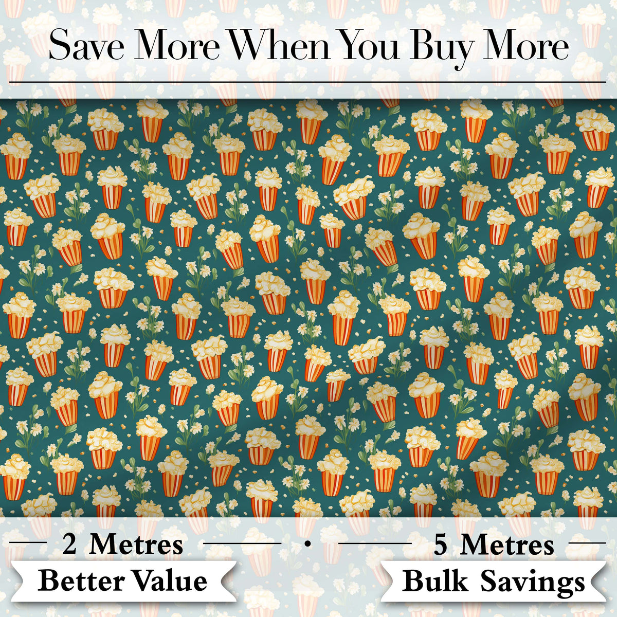Popcorn Buckets and Flowers Cute Seamless Pattern Dark Teal Background Digital Print Fabric by the Metre UK Sewing Quilting Textile