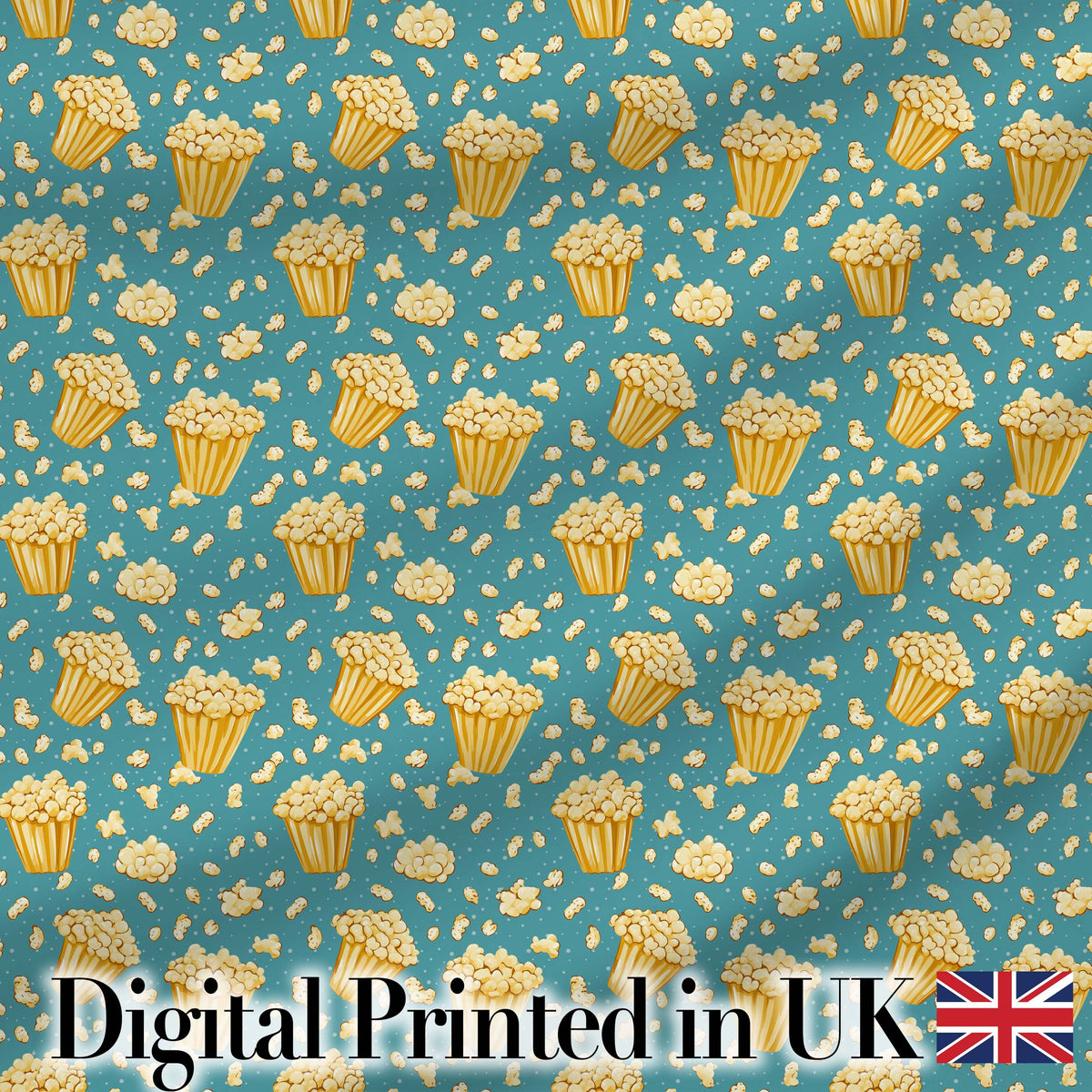 Golden Popcorn Buckets and Scattered Kernels on Blue Background Snack Digital Print Fabric by the Metre UK Sewing Quilting Textile