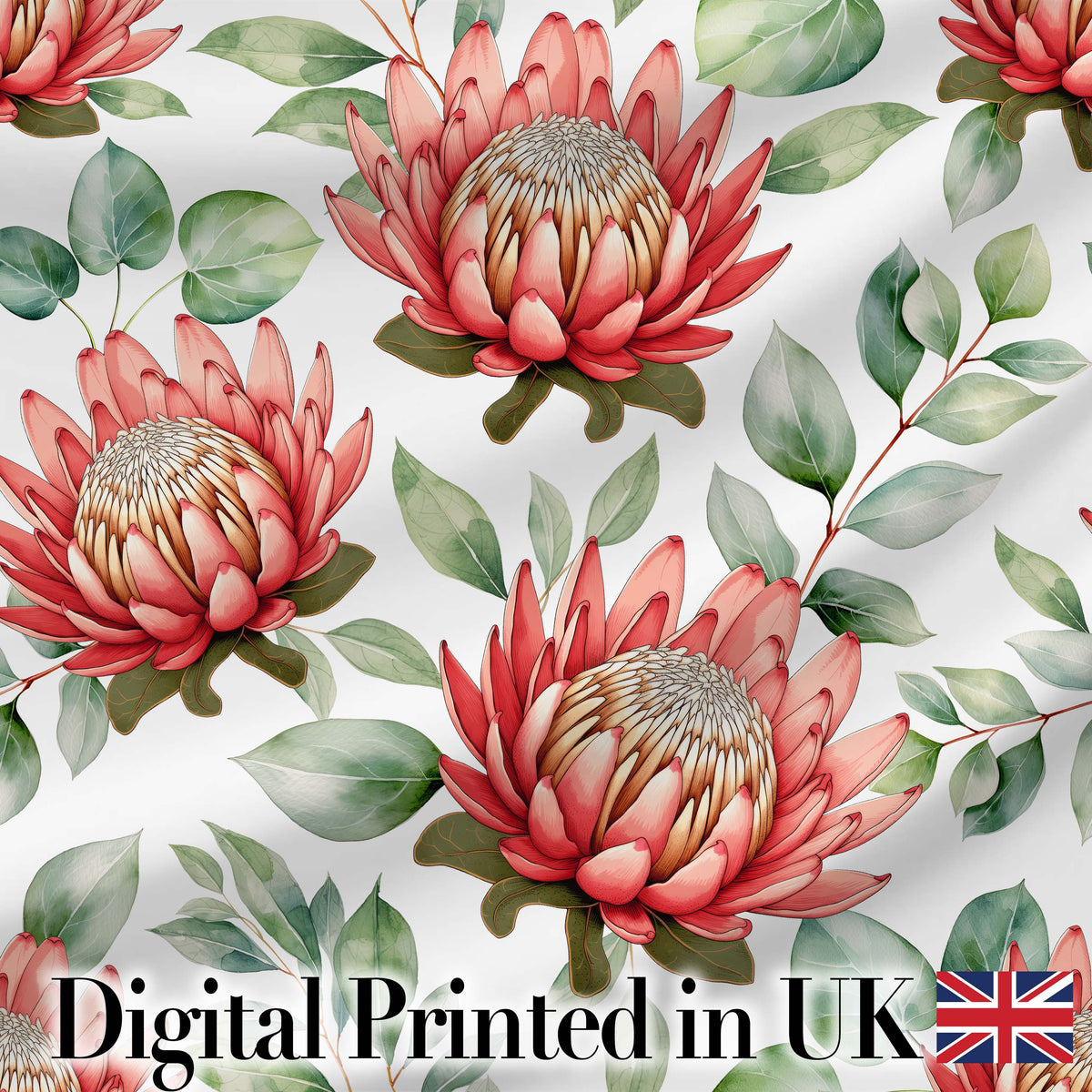 Elegant Protea Flowers with Green Leaves on White Background Botanical Digital Print Fabric by the Metre UK Sewing Quilting Textile