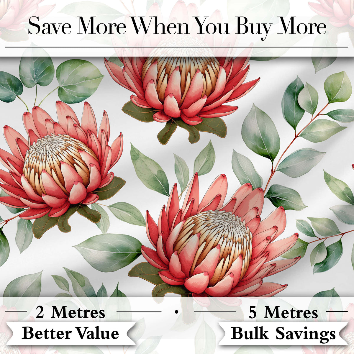 Elegant Protea Flowers with Green Leaves on White Background Botanical Digital Print Fabric by the Metre UK Sewing Quilting Textile