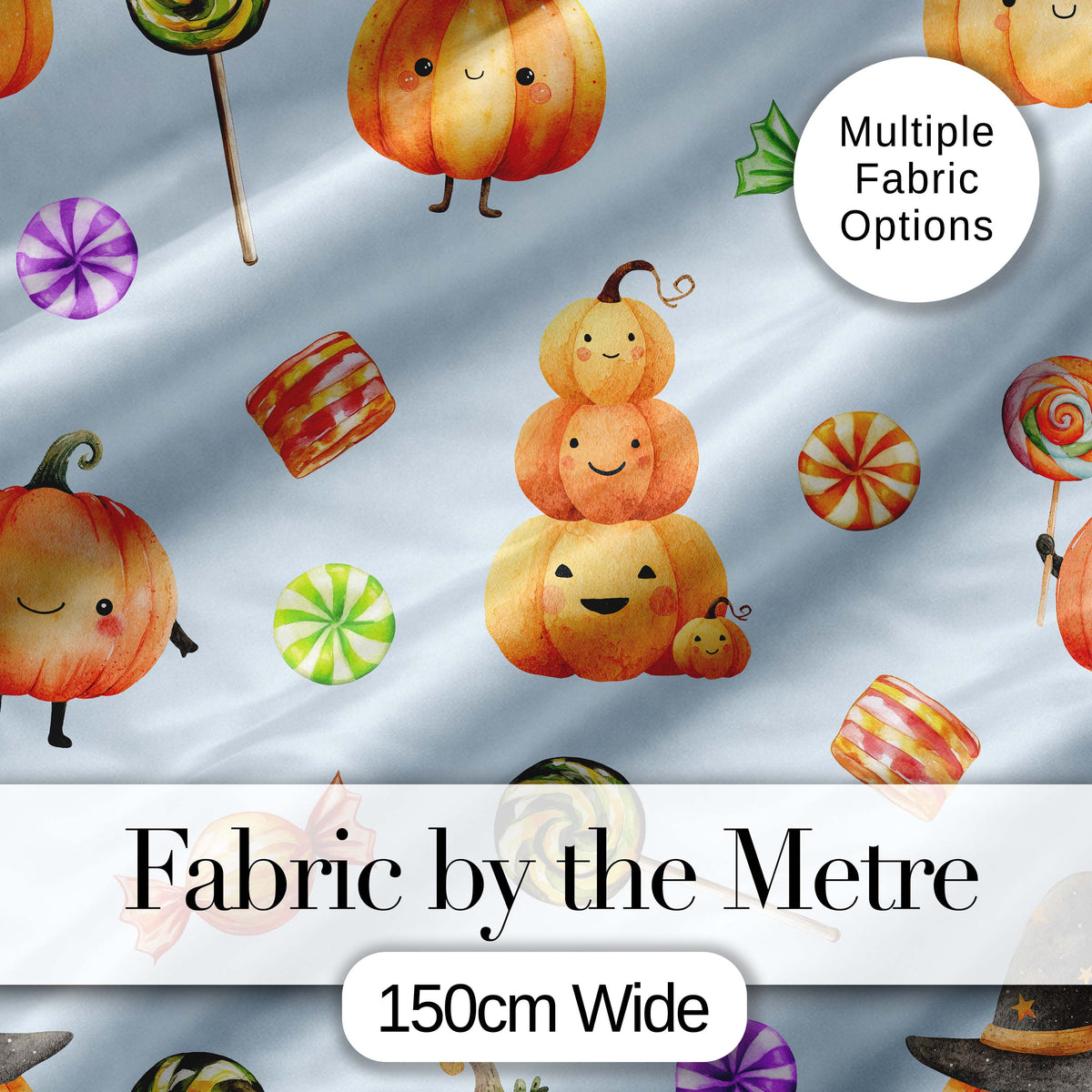 Cute Watercolor Pumpkins and Candy Sweets on Soft Blue Background Digital Print Fabric by the Metre UK Sewing Quilting Textile