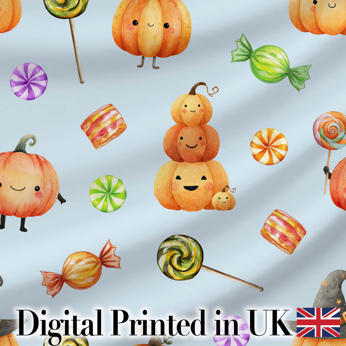 Cute Watercolor Pumpkins and Candy Sweets on Soft Blue Background Digital Print Fabric by the Metre UK Sewing Quilting Textile