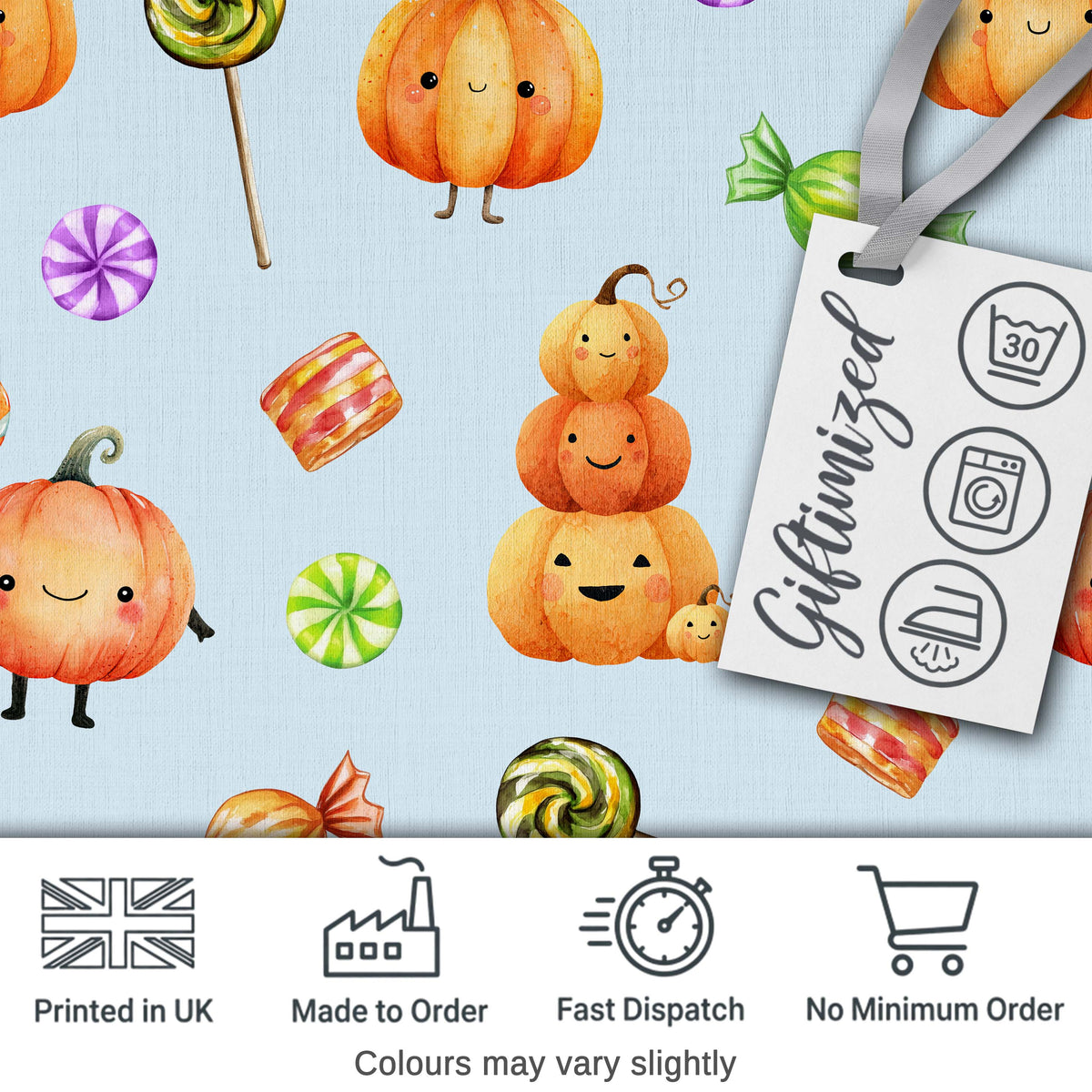 Cute Watercolor Pumpkins and Candy Sweets on Soft Blue Background Digital Print Fabric by the Metre UK Sewing Quilting Textile