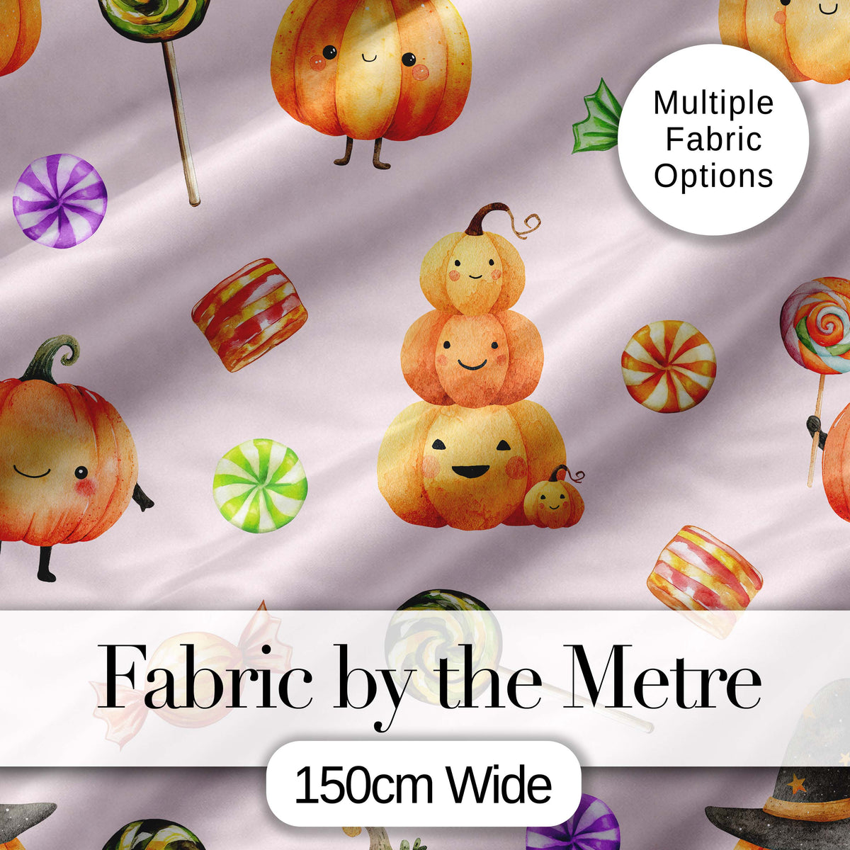 Cute Watercolor Pumpkins and Candy Sweets on Blush Pink Background Digital Print Fabric by the Metre UK Sewing Quilting Textile