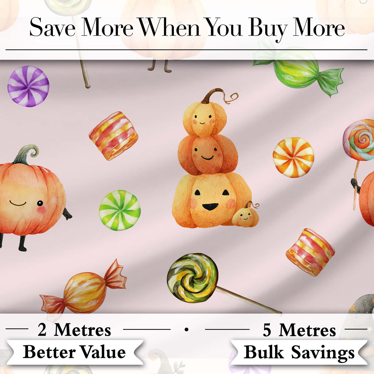 Cute Watercolor Pumpkins and Candy Sweets on Blush Pink Background Digital Print Fabric by the Metre UK Sewing Quilting Textile