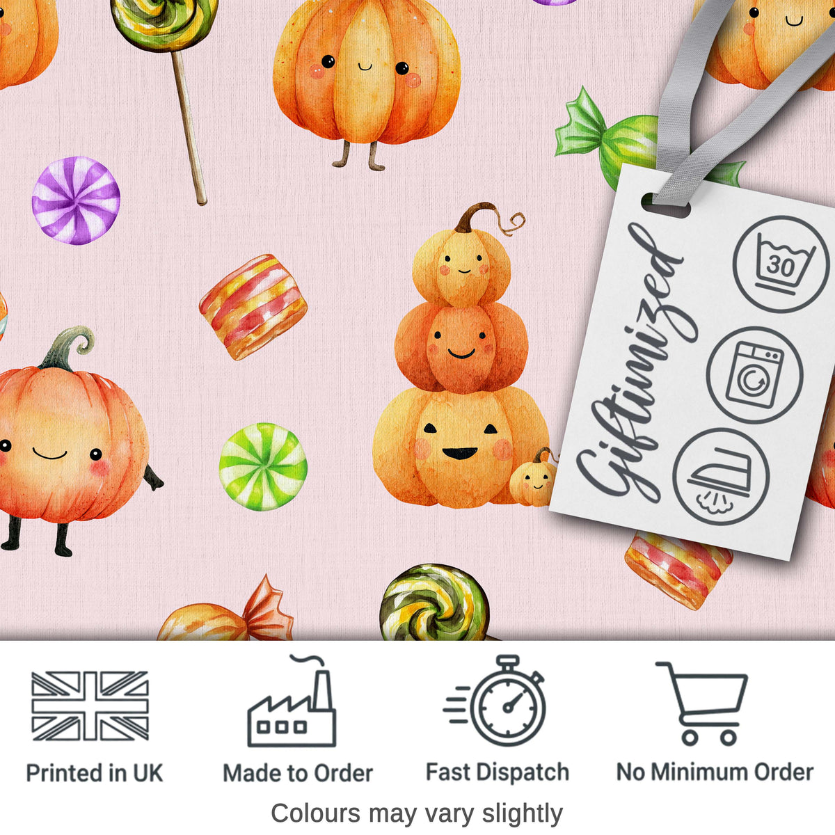 Cute Watercolor Pumpkins and Candy Sweets on Blush Pink Background Digital Print Fabric by the Metre UK Sewing Quilting Textile