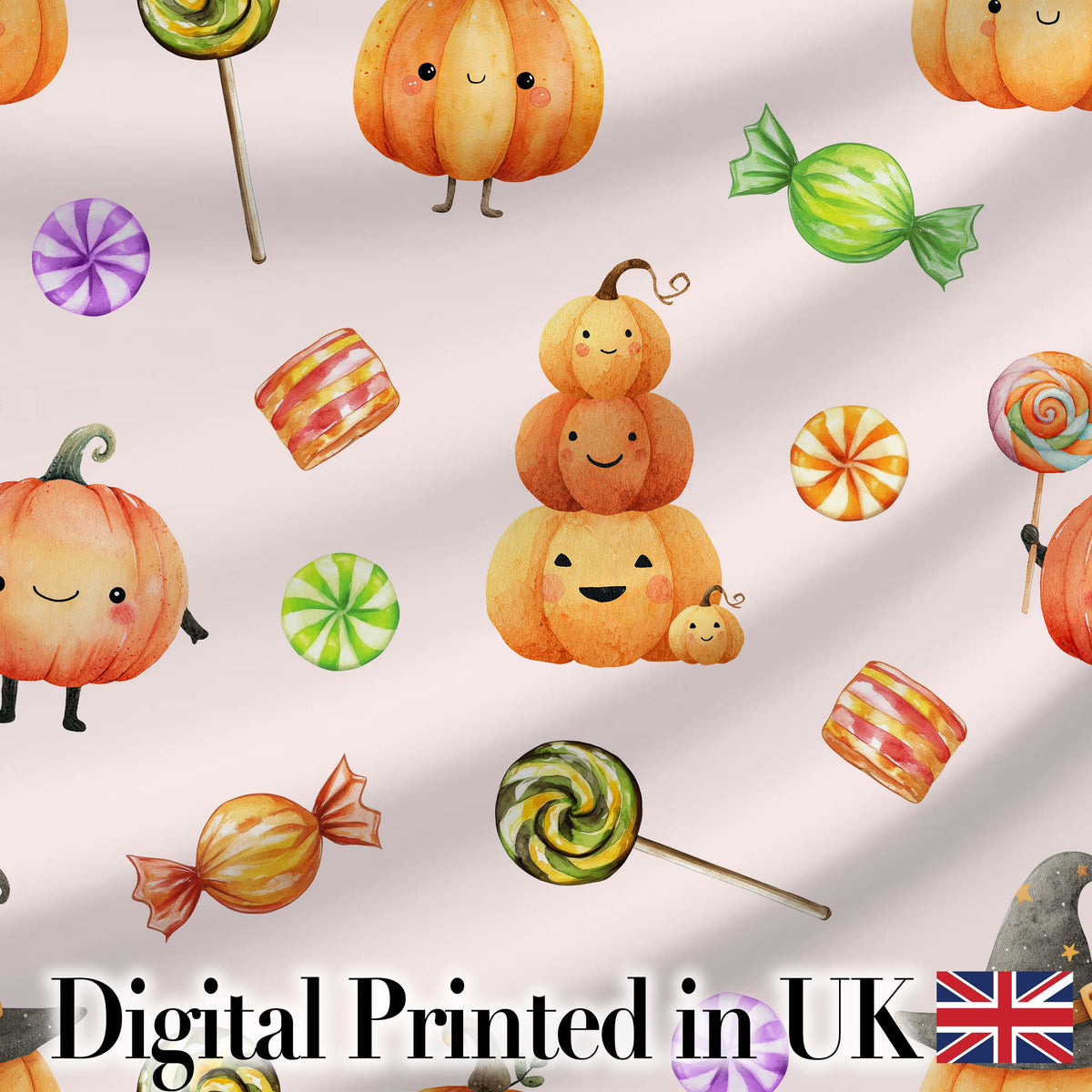 Cute Watercolor Pumpkins and Candy Sweets on Neutral Beige Background Digital Print Fabric by the Metre UK Sewing Quilting Textile