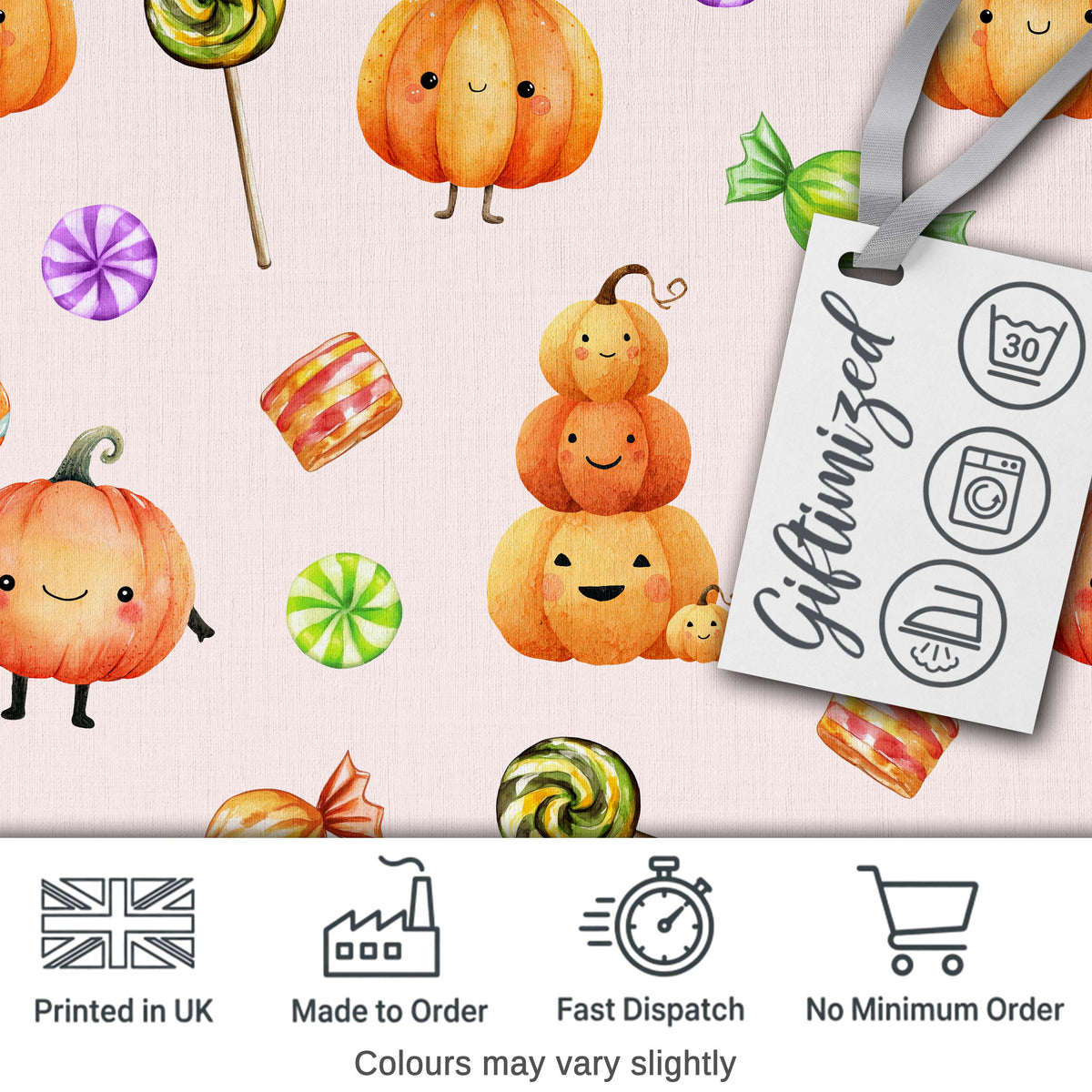 Cute Watercolor Pumpkins and Candy Sweets on Neutral Beige Background Digital Print Fabric by the Metre UK Sewing Quilting Textile