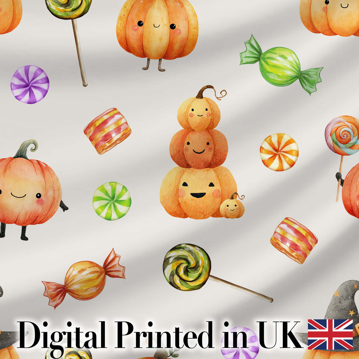 Cute Watercolor Pumpkins and Candy Sweets on Teal Green Background Digital Print Fabric by the Metre UK Sewing Quilting Textile