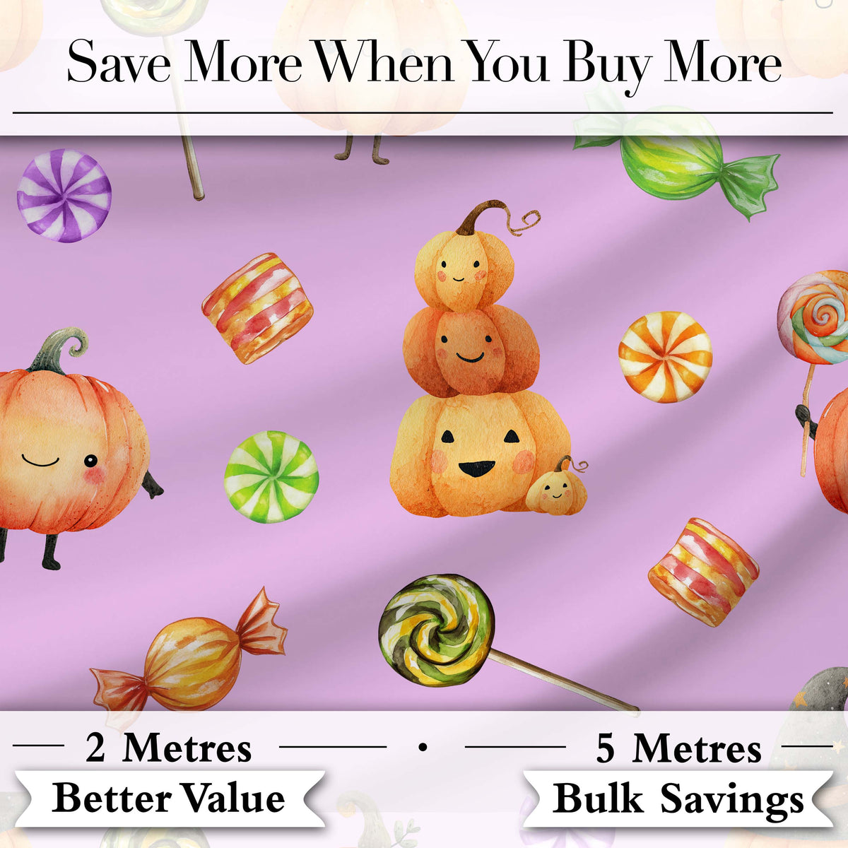 Cute Watercolor Pumpkins and Candy Sweets on Sage Green Background Digital Print Fabric by the Metre UK Sewing Quilting Textile