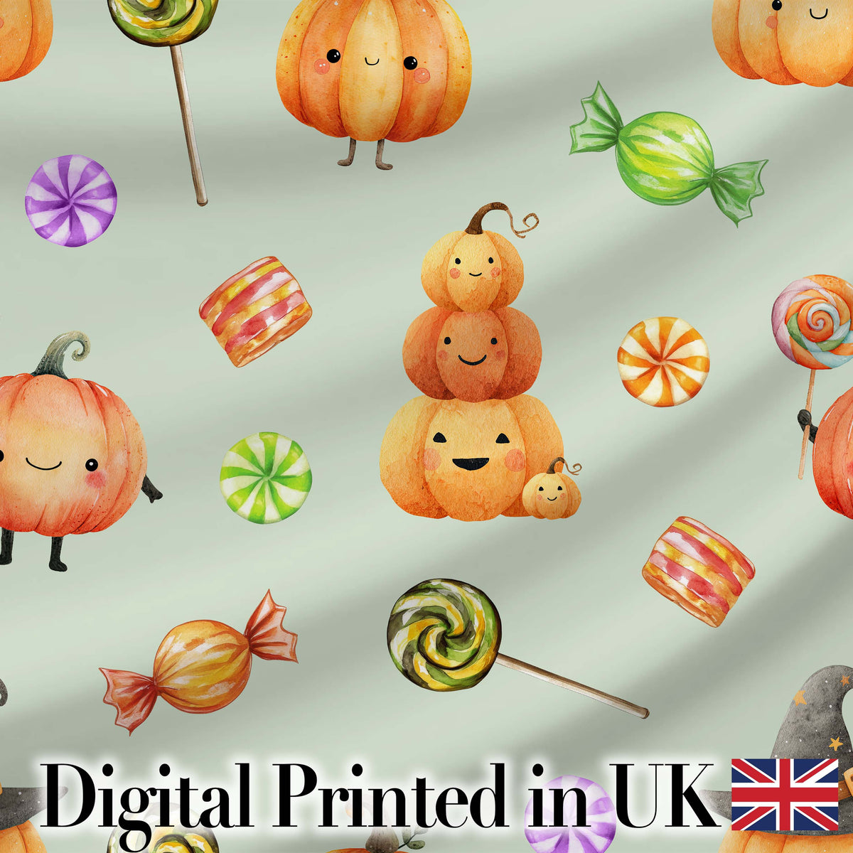 Cute Watercolor Pumpkins and Candy Sweets on Cream Background Seamless Pattern Digital Print Fabric by the Metre UK Sewing Quilting Textile