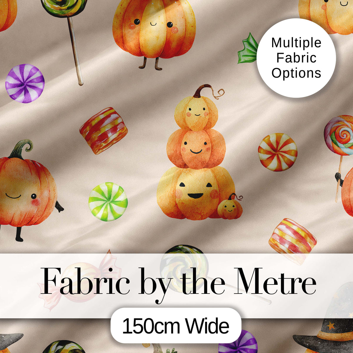 Cute Watercolor Pumpkins and Candy Sweets on Soft Lilac Background Digital Print Fabric by the Metre UK Sewing Quilting Textile