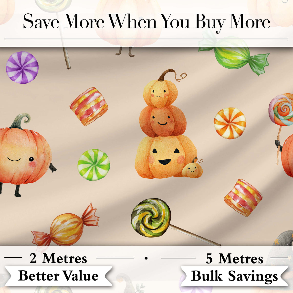 Cute Watercolor Pumpkins and Candy Sweets on Soft Lilac Background Digital Print Fabric by the Metre UK Sewing Quilting Textile